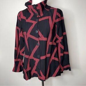 Trine Kryger Simonsen Shirt Blouse Buttons High Neck Abstract Red Black 34/US 4